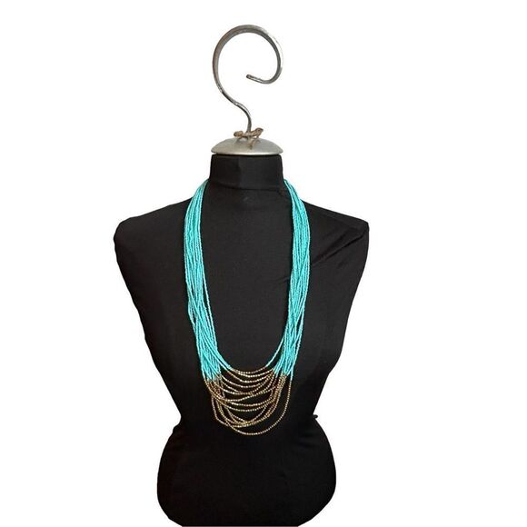 Multibeaded turquoise color and antique gold minibeaded statement necklace and l - Picture 1 of 7